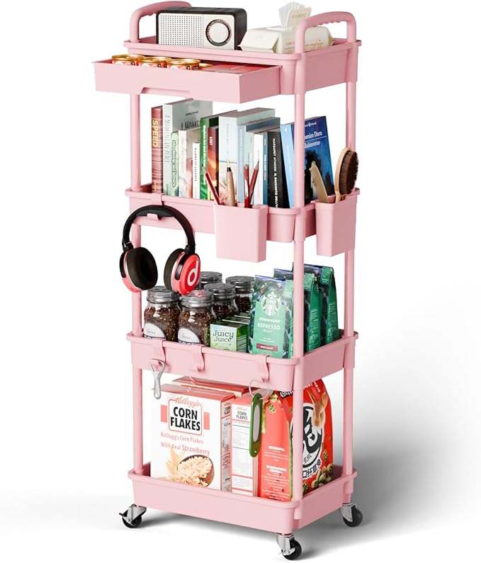 4 Tier Rolling Cart Organizer,Art Craft Diaper Bedside Snack Laundry Room Bathroom Organizer Narrow Thin Slim Rolling Trolley Utility Cart with Wheels for Kitchen,Office(Pink)