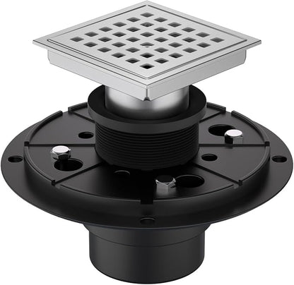 4-3/8 Inch Square Shower Floor Drain Brushed Stainless Steel Drain Kit with Flange, Removable Grid Cover, Hair Strainer