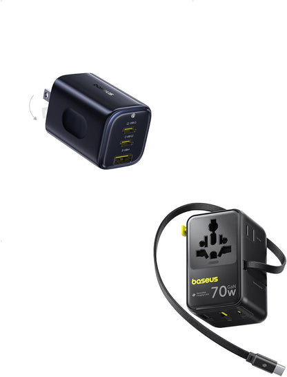 Baseus 70W Universal Travel Adapter with Retractable Cable & Baseus PICOGO 67W USB C Charger, 3 Port Fast Charging Block with Foldable Plug