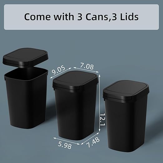 3 Pack Bathroom Small Trash Can with Lid, 2.6 Gallon Slim Garbage Bin with Pop-Up Lid, 10L Plastic Wastebasket for Bedroom, Office, Kitchen, Toilet (Matte Black)