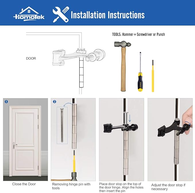 HOMOTEK 8 Pack Hinge Pin Satin Nickel Door Stopper,Adjustable Deluxe Heavy Duty Door Stopper 2-1/2"x1-3/4,with White Rubber Bumper Tips