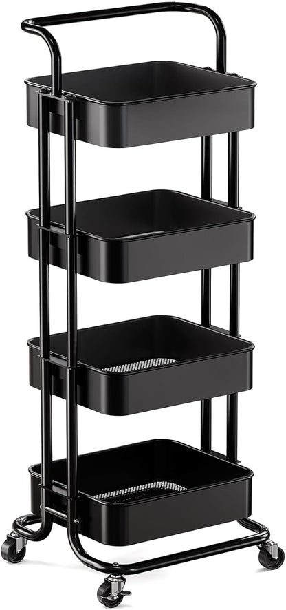 Pipishell 4 Tier Mesh Utility Cart, Rolling Metal Organization Cart with Handle and Lockable Wheels, Multifunctional Storage Shelves for Kitchen Living Room Office White, PIUC12W