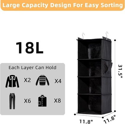 4-Shelf Hanging Closet Organizer and Storage, Collapsible Hanging Shelves for Closet with 2 Side Pockets, Hanging Shoe Organizer to Saving Space,Black