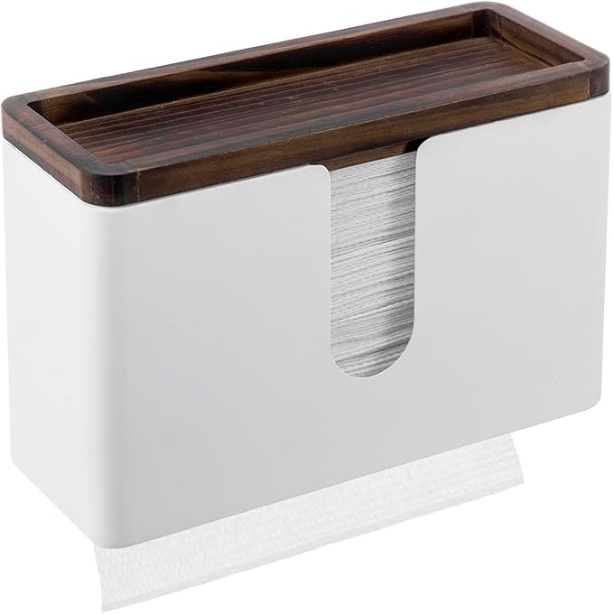 MyGift Deluxe Modern Matte White Metal Folded Commercial Paper Towel Holder with Rustic Burnt Solid Wood Tray Lid, Wall Mounted Trifold Multifold Z Fold Disposable Napkin Dispenser