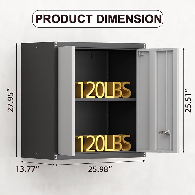 Metal Wall Cabinet, Garage Cabinets Wall Mounted, Locking Storage with Adjustable Shelves, Wall Mounted Garage Cabinet with Doors, Floating Cabinet for Home Office, Utility Room