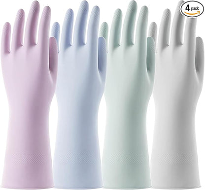 Rubber Cleaning Dishwashing Gloves 4 Pairs Reusable Kitchen Glove for Washing Dishes & Household Bathroom Cleaning Dish Gloves with Flock Lining Anti-Slip Grip Waterproof Thick Long-lasting Colorful L
