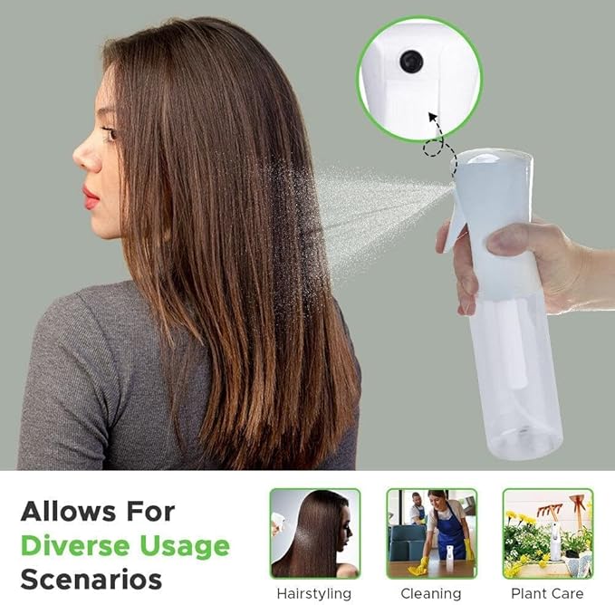 VigorPath Continuous Spray Bottle for Hair – Fine Mist Mister for Hairstyling, Cleaning, Plants, Pets, Barbers, Salons, and Essential Oil Applications (150ml/5 oz) Clear 2 Pack