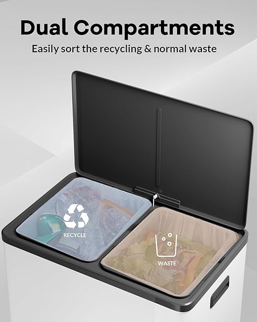 Garvee Dual Trash Can for Recycling and Trash, 2 x 30 L (60 L) Stainless Steel Kitchen Trash Can with Lid and Foot Pedal, Double Compartment Garbage Can, with Recycling Bin, 2 x 8 Gallon