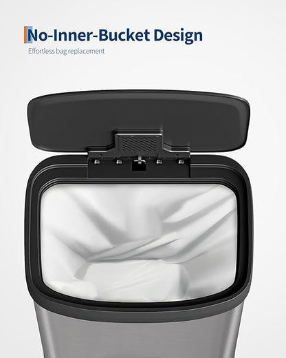 16 Gallon (60 l) Trash Can, Stainless Steel Kitchen Garbage Can, Recycling or Waste Bin with Liner Rim, Rear Handle, Soft Close Plastic Lid Step-on Pedal, Removable Inner Bucket
