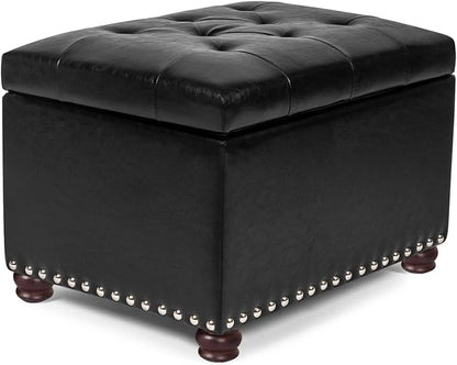24'' Leather Storage Ottoman Rectangular Foot Rest Stool with Nailhead Trim Toy Chests & Storage Room Organizer for Bedroom Living Room(Black)