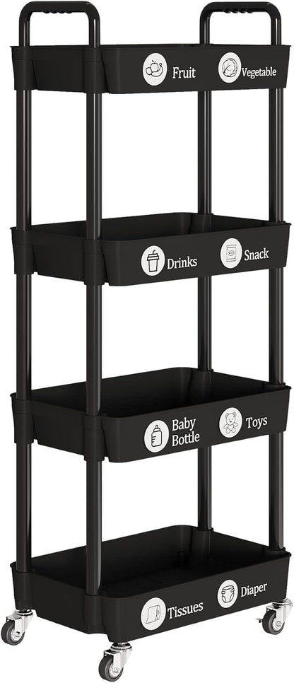 Laiensia 4-Tier Rolling Cart with Wheels,Multifunction Utility Storage carts, Kitchen Storage Organizer,Mobile Shelving Unit for Bathroom,Laundry,with Classified Stickers,Black