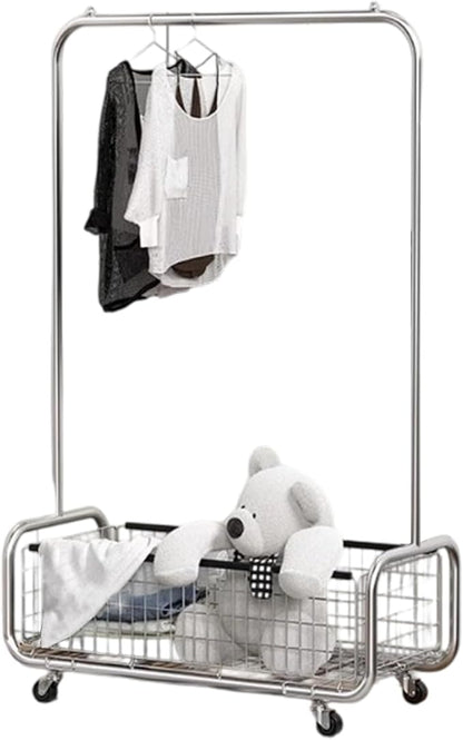 Garment Rack With Storage Baskets,Clothing Rack for Hanging Clothes, Multi-functional Bedroom Clothes Rack with Wheels for Bedroom, Living Room, Easy Assembly (40inch lenght)