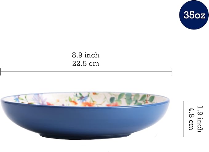 Bico Summer Provence Pasta Bowls, 35oz Salad Bowl Set of 4, Large Ceramic Serving Dinner Bowls for Soup and Cereal, Microwave and Dishwasher Safe, Gift for Housewarming and Thanksgiving