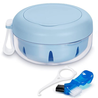 Leak Proof Denture Cup Kit Portable Retainer Case Perfect for Travel, Denture Case Container Cleaning Care for Dentures Aligner Mouth Guard with Denture Brush,Strainer, Removal Tool and Mirror
