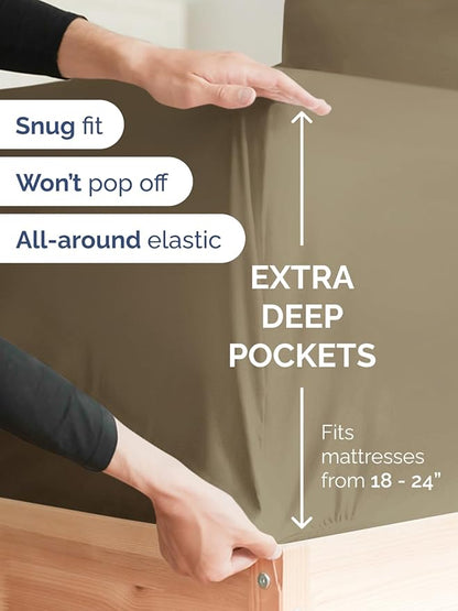 Extra Deep Pocket Queen Sheet Set - 4 Piece Breathable & Cooling Bed Sheets - Hotel Luxury Sheet Set - Ultra Soft, Wrinkle Free & Comfy - Easily Fits Extra Deep Mattresses - Deep Pocket Khaki Sheets