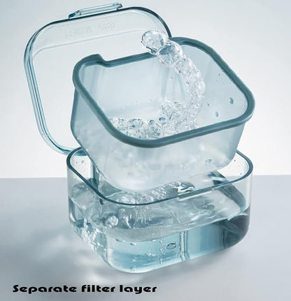 MURRI&MURRDI Retainer Case, Denture Bath Box with Strainer Basket, Mouth Guard Case, Braces Cleaner Cup, Cute Denture Cleaning Holder for Travel Retainer Storage Soak Container (B Blue)