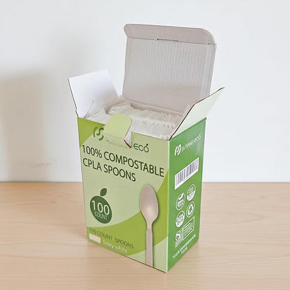 Compostable Spoons 100 Count Heavy Duty 100% No Plastic Spoons Bulk Cornstarch Biodegradable Spoon Eco Friendly Compostable Utensils for Party Campin
