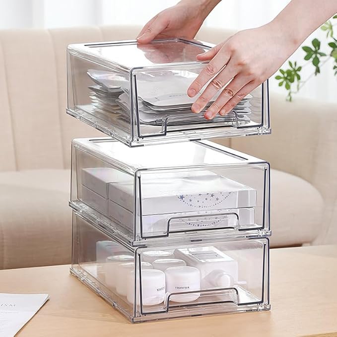 SIMPEXPE Stackable Storage Drawer, Clear Pull Out Plastic Food Fridge Organizer Bins for Home Office Pantry Shelf Organization