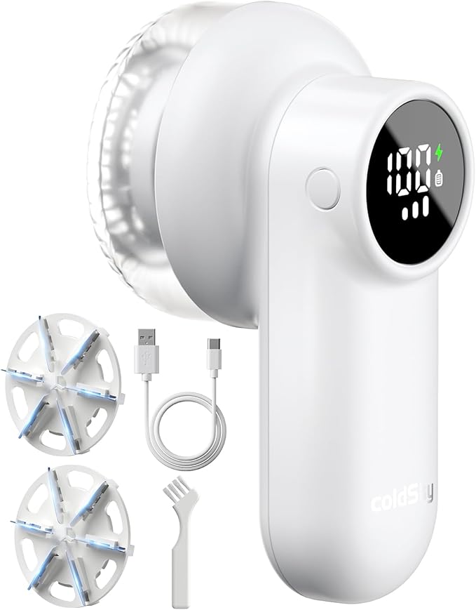 coldSky Rechargeable Fabric Shaver, Lint Shaver with Digital Display, Sweater Shaver with 6-Leaf Blades and Safety Lock, 3-Speeds Defuzzer Remove Fuzz, Pills from Clothes, Furniture, Sofa, White