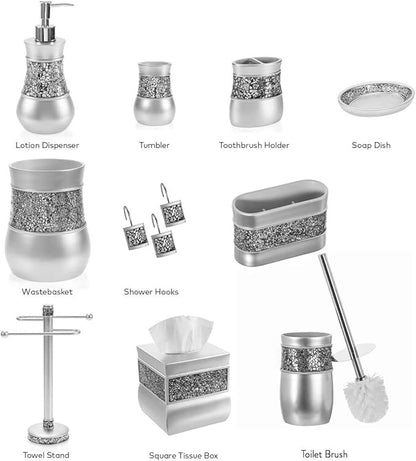 Crackled Glass Toilet Brush with Holder - Silver Toilet Bowl Cleaner Brush and Holder - Good Grip, Deep Cleaning, Decorative Design Compact Toilet Bowl Scrubber