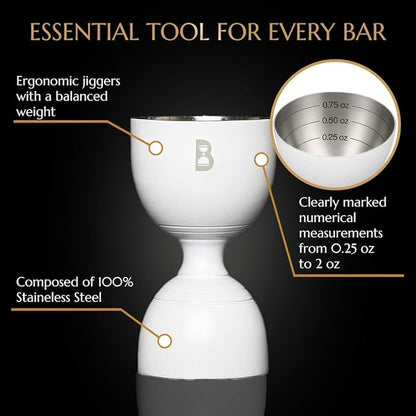 Double Bell Jigger by Bull In China - 0.25oz to 2oz Measures for Cocktails, Bars & Bartenders (Matte White)
