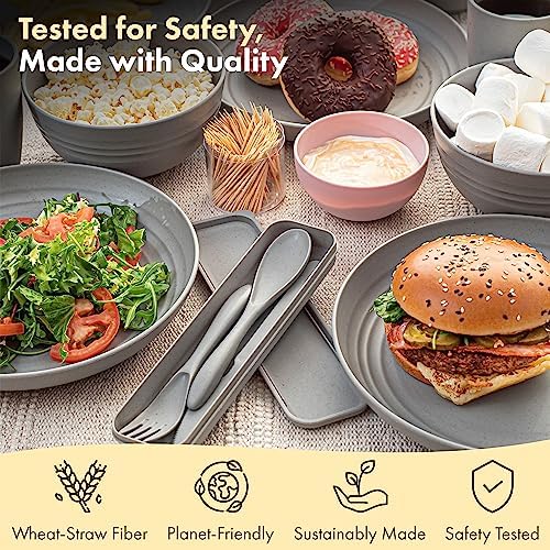FOODLE Wheat Straw Dinnerware Set - RV, Camping, Picnic Plates Cups & Bowls