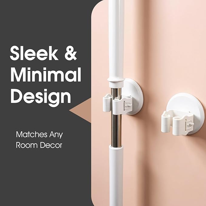Mop Holder 3 Pack - Wall Mount Broom and Mop Grippers, No Drilling Self Adhesive Hooks, ABS Heavy Duty Storage Organizer for Kitchen, Garage, Bathroom