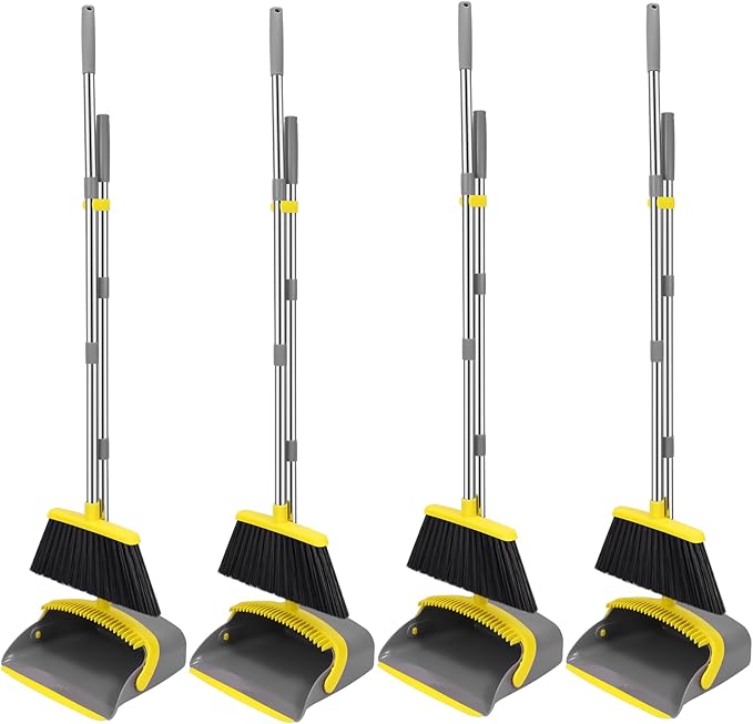NACENA Broom and Dustpan Set, 52-in Long Adjustable Handle Broom Dustpan Combo with Dustpan Teeth to Automatically Clean Hair Suitable for Home Kitchen Office Hall Floor (Grey&Yellow), 4 Pack