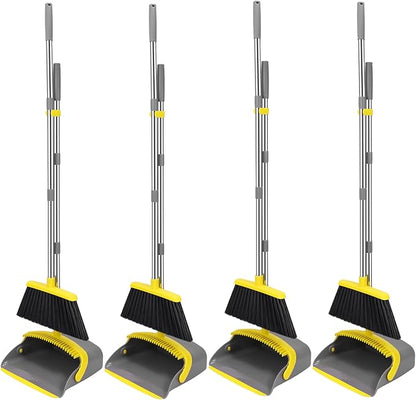 NACENA Broom and Dustpan Set, 52-in Long Adjustable Handle Broom Dustpan Combo with Dustpan Teeth to Automatically Clean Hair Suitable for Home Kitchen Office Hall Floor (Grey&Yellow), 4 Pack