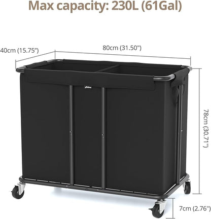 Laundry Hamper with Wheels, 2-Section 230L (61Gal) Large Capacity, Heavy-Duty Rolling Clothes Basket with Silent Rubber Casters & Detachable Oxford Bags for Home, Black, 31.5"Lx15.75W"x30.7"H