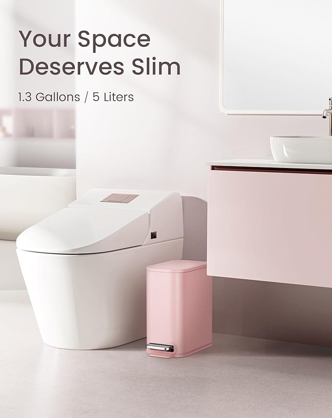 Cesun Small Bathroom Trash Can with Lid Soft Close, Step Pedal, 5 Liter / 1.3 Gallon Stainless Steel Garbage Can with Removable Inner Bucket, Waste Basket for Bathroom, Bedroom (Pink)