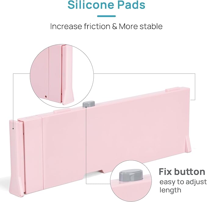 Vtopmart 8 Pack Drawer Dividers for Clothes, 4" High 11.6"-17" Adjustable Expandable Dresser Drawer Organizer, Plastic Separators for Dresser, Baby Clothes, Underwear, Kitchen & Office Storage, Pink