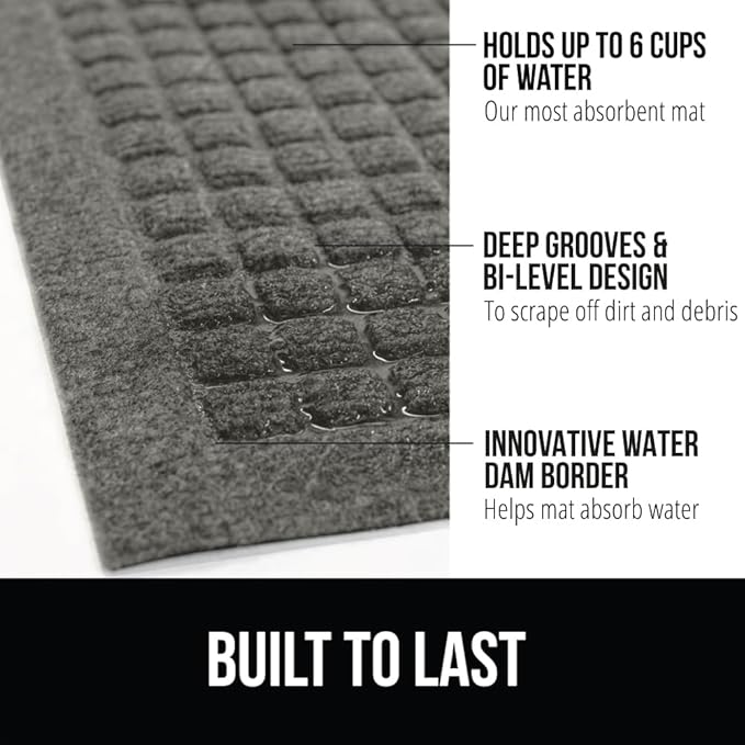 GORILLA GRIP Front Door Mat, 47x35, Indoor Outdoor Ultra Absorbent HydroAbsorb Doormat, Absorbs Up to 6 Cups of Water, Stain and Fade Resistant, Rubber Backing Doormats, Captures Dirt, Gray