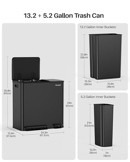 Dual Trash and Recycling Bins for Kitchen, 13.2 + 5.2 Gal (50+20L) Stainless Steel Trash and Recycle Bin Combo with Soft-Close Lid, Large Garbage Cans for Kitchen Home with 2 Magnets Sticker, Black