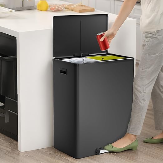GarveeHome Step Dual Trash Can, 60L/16 Gallon Recycle Bins with Lid, 2 Removable Wastebusket, Step Pedal, Large Stainless Steel Double Trash Bin for Kitchen, Bathroom