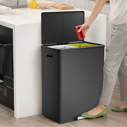 GarveeHome Step Dual Trash Can, 60L/16 Gallon Recycle Bins with Lid, 2 Removable Wastebusket, Step Pedal, Large Stainless Steel Double Trash Bin for Kitchen, Bathroom