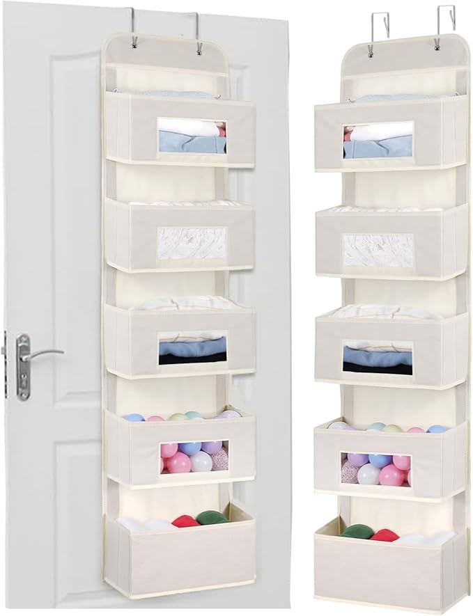 MAX Houser 5-Shelf Over The Door Hanging Organizer with 2 Metal Hooks, 5 Pocket Over The Door Wall Mount Storage with Clear Windows for Baby Nursery Bathroom Closet,Bedroom,Dorm,Diapers,Kids(Beige)