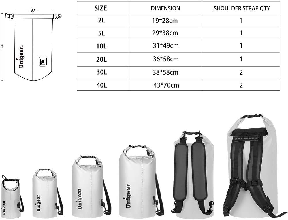 Unigear Dry Bag Waterproof, 2L/5L/10L/20L/30L/40L Floating and Lightweight Bags for Kayaking, Boating, Fishing, Swimming and Camping with Waterproof Phone Case