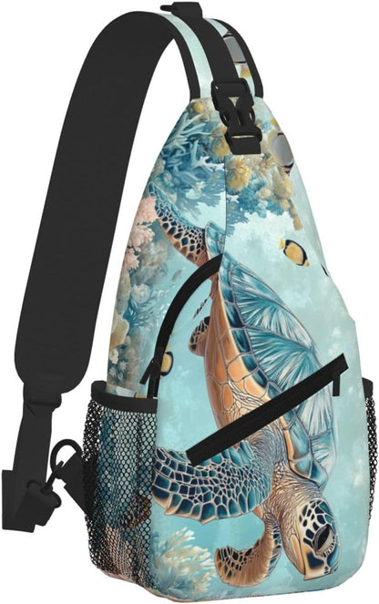 SUPLUCHOM Sling Bag Turtle Sea Coral Ocean Hiking Daypack Crossbody Shoulder Backpack Travel Chest Pack for Men Women