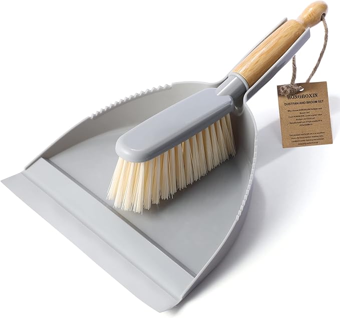 Small Dustpan and Brush Set - Mini Broom with Dustpan Set, Handheld Broom and Dust Pan Combo Set for Home, Pet Care, Car, 14 x 8.7 inch, Grey