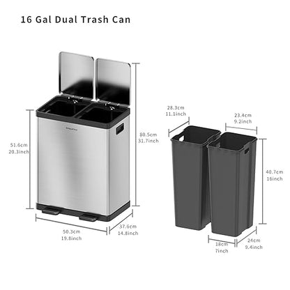 Kitchen Trash Can, 2 x 8 Gallon (2 x 30 L) Dual Trash Can, Garbage Can for Kitchen, Trash and Recycle Bin Combo, Fingerprint Resistant, Soft-close Lid,Odor-Proof and Brushed Stainless Steel