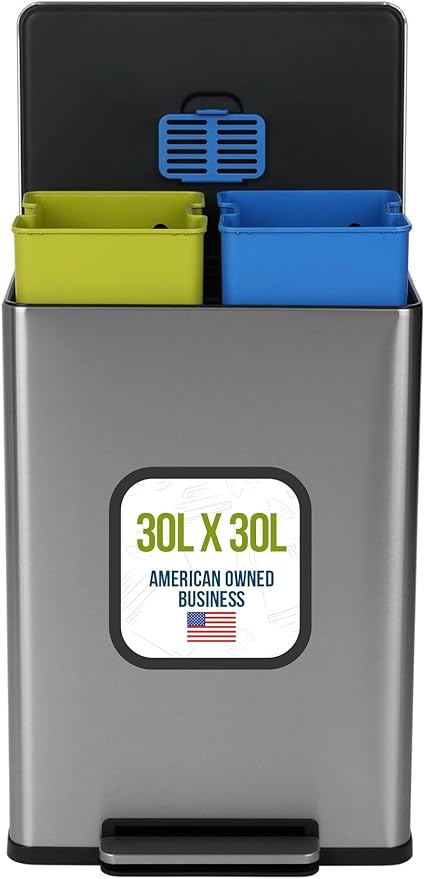 Simpli-Magic 16 Gallon (60L) Step Trash Can – Dual Compartment Kitchen Garbage Can – Waste & Recycling Bins, Slow-Close Lid, Odor Control, Hands-Free, Easy to Clean, Infinity Edge Stainless Steel