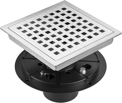 6 Inch Square Shower Floor Drain Brushed Stainless Steel Drain Kit with Flange, Removable Grid Cover, Hair Strainer