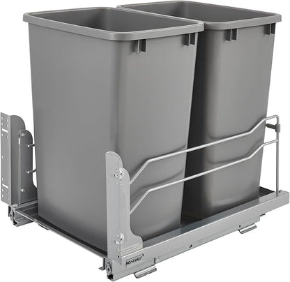 Rev-A-Shelf Double Pullout Trash Cans for Under Kitchen Cabinets 35 Quart 8.75 Gallon with Soft-Close Slides, Metallic Silver, 53WC-1835SCDM-217