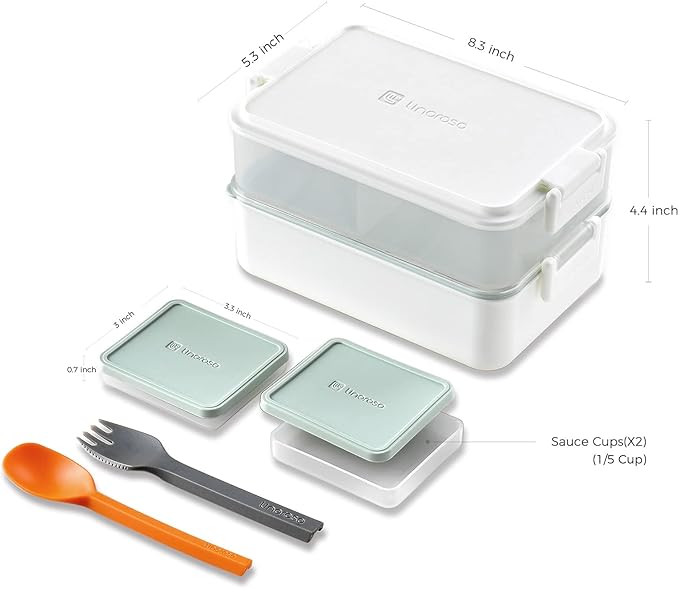 linoroso Stackable Bento Box Adult Lunch Box | Meet All You On-the-Go Needs for Food, Salad and Snack Box, Premium Bento Lunch Box for Adults Include Utensil Set, Dressing Containers - Chalk White
