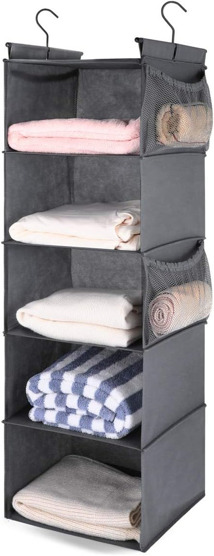 MAX Houser 5 Shelf Hanging Closet Organizer, Space Saver, Cloth Hanging Shelves with 4 Side Pockets, Foldable, Grey