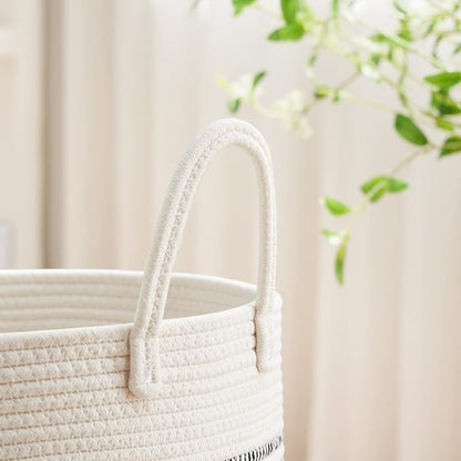 VIPOSCO Large Laundry Hamper, Tall Woven Rope Storage Basket for Blanket, Toys, Dirty Clothes in Living Room, Bathroom, Bedroom - 53L Stripe White