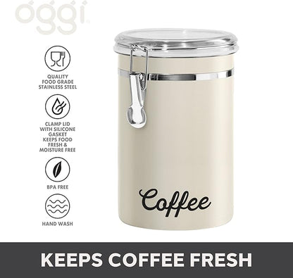 Oggi Stainless Steel Coffee Canister 62 fl oz - Airtight Clamp Lid, Warm Gray, Tinted See-Thru Top - Ideal for Coffee Bean Storage, Ground Coffee Storage, Kitchen Storage, Pantry Storage. 5 x 7.5