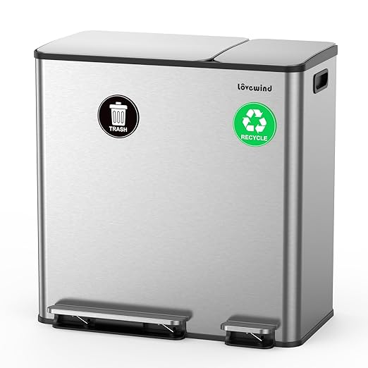 Dual Trash and Recycling Bins for Kitchen, 13.2 + 5.2 Gal (50+20L) Stainless Steel Trash and Recycle Bin Combo with Soft-Close Lid, Large Garbage Cans for Kitchen Home with 2 Magnets Sticker, Silver