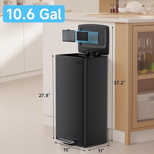 mVm 10.6 Gallon Heavy Duty Step Trash Can with Lid, Foldable Foot Pedal Bin for Kitchen Office Dormitory Home Rooms (Black)